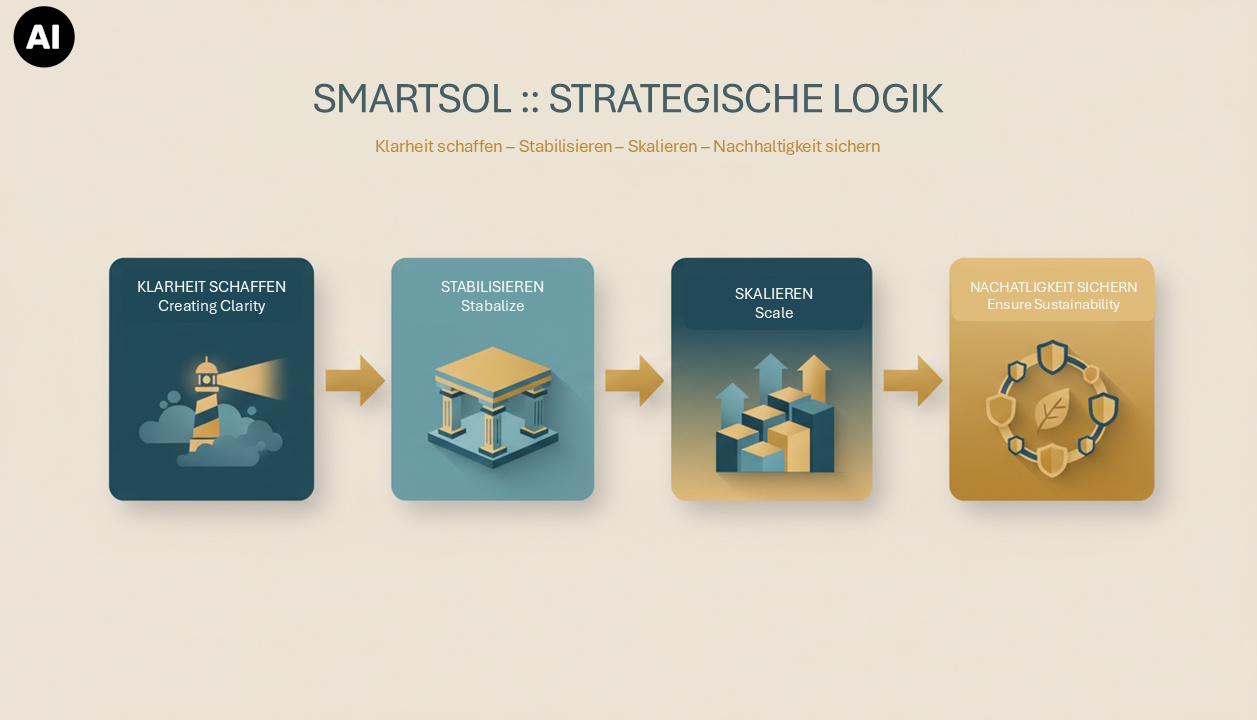 Die Strategische Logik von SMARTSOL. Klarheit schaffen (Creating Calrity) - Stabilisieren (Stablize) - Skalieren (Scale) - Nachhaltigkeit sichern - Ensure Sustainability